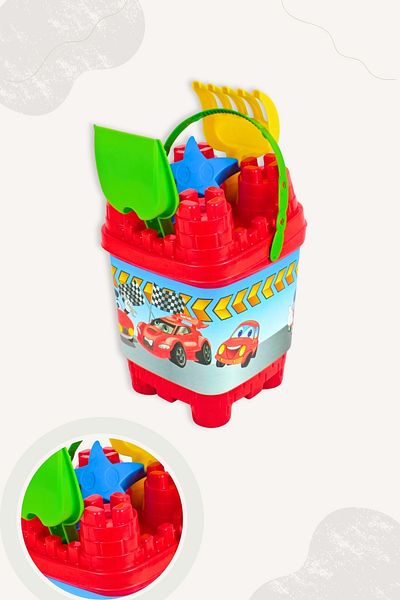 BubbyPlay Car Castle Bucket Summer Beach Set Bucket, Shovel, Rake, 1 Sand Mold Mixed Color