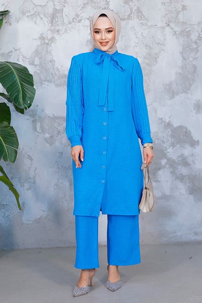 Neva Style Blue Hijab Double Suit with Pleated Handles 51991m