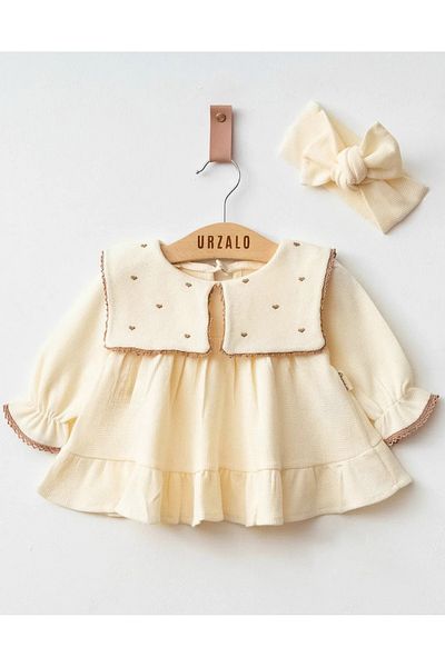 İnci Heart Embroidered Square Handkerchief Collar 100% Cotton Waffle Woven Baby Girl Lace Dress and Bandana Set