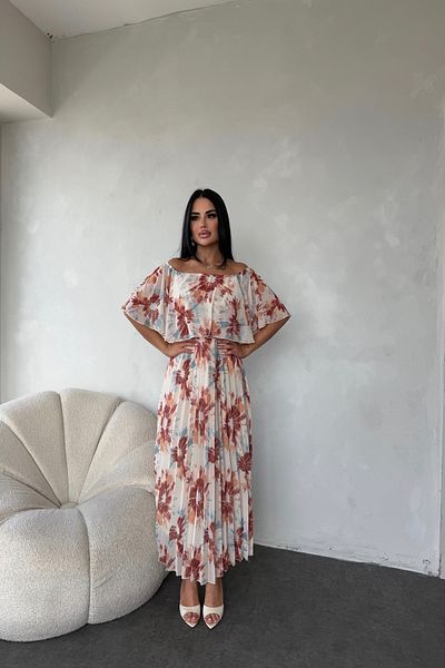 kamacibutik Madonna Collar Floral Pattern Pleated Chiffon Dress