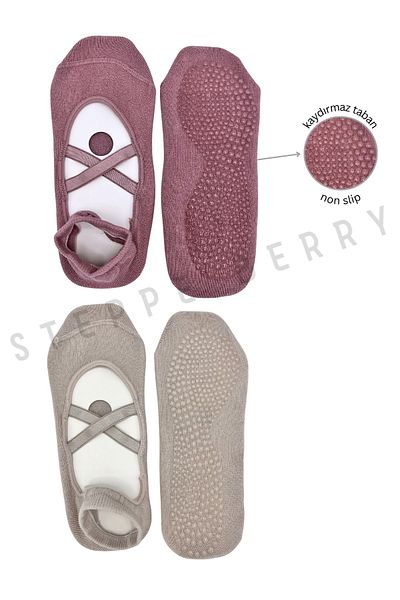 STEPPE BERRY 2 Pairs of Premium Pilates and Yoga Socks with Cross Straps