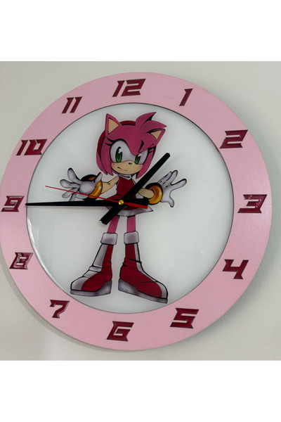 Pelince Kids – Amy Rose Sonic 3 :Hedgedog Kirpi Girl Themed Wooden Children's Room Wall Clock - 40 cm