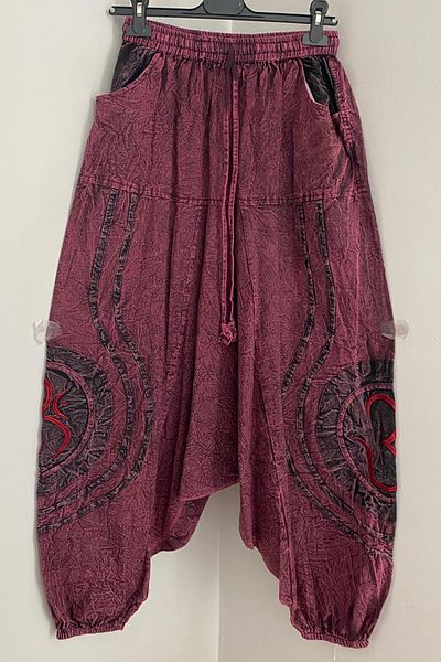 AYASOFYA OTANTIK Unisex Nepalese Burgundy Ethnic Authentic Pattern Loose Bohemian Baggy Trousers with Elastic Waist and Side Pockets