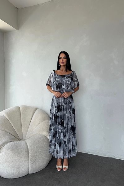 kamacibutik Madonna Collar Floral Pattern Pleated Chiffon Dress