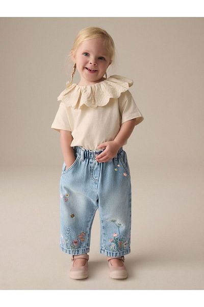 Pink Hippo Kids Pantaloni de blugi pentru fete, cu imprimeu floral, brodat, cu potrivire în butoi