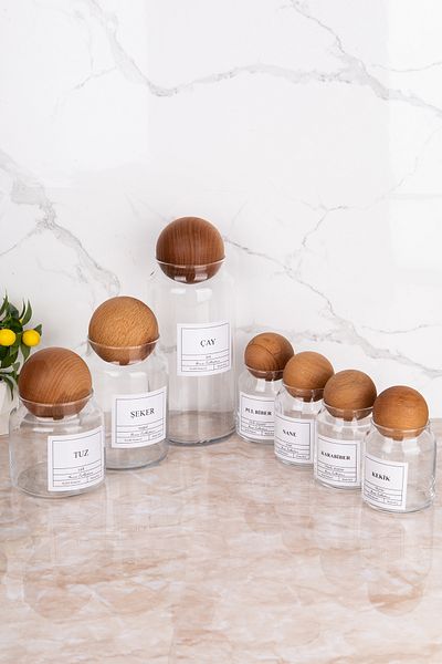 MODA OZY Set of 7 Wooden Ball Glass Tea/Sugar/Salt and Mint/Thyme/Paprika/Black Pepper Jars