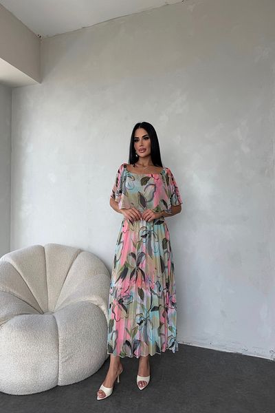 kamacibutik Madonna Collar Floral Pattern Pleated Chiffon Dress