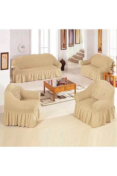 BAQDO Beige Buryşütme Cone 3+3+1+1 Sofa Set: Sofa, Cover, Elastic Sofa Cover
