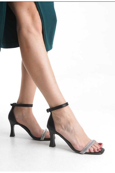 JVC Black Women's Single Strap Stone High Heel Shoes