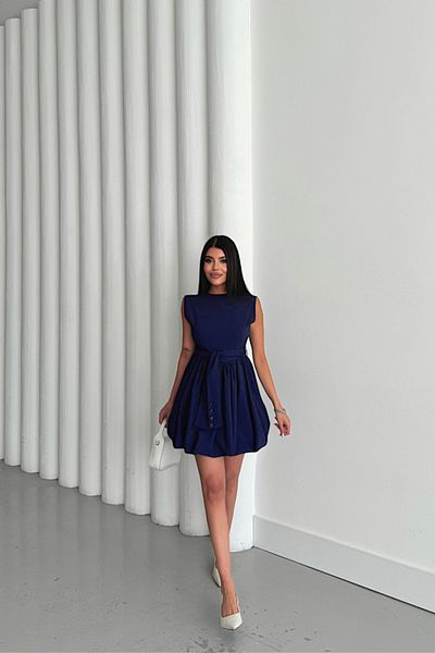 İpeksi Silky Ball Gown Short Designer Dress - Navy Blue