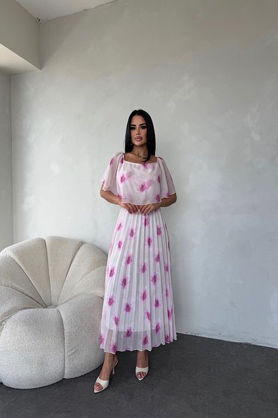 kamacibutik Madonna Collar Floral Pattern Pleated Chiffon Dress