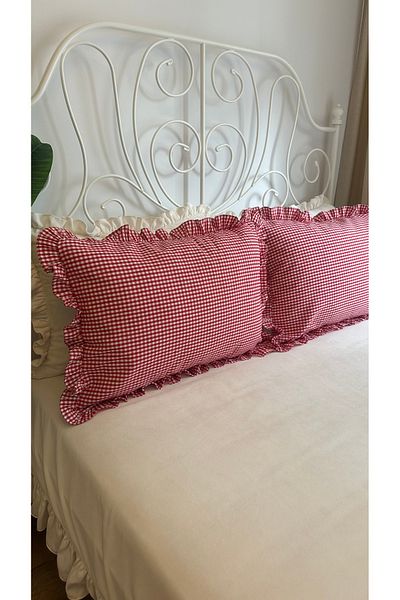 Decamor home Pack of 2 Large Size Linen Red White Mini Gingham Pillow Cases