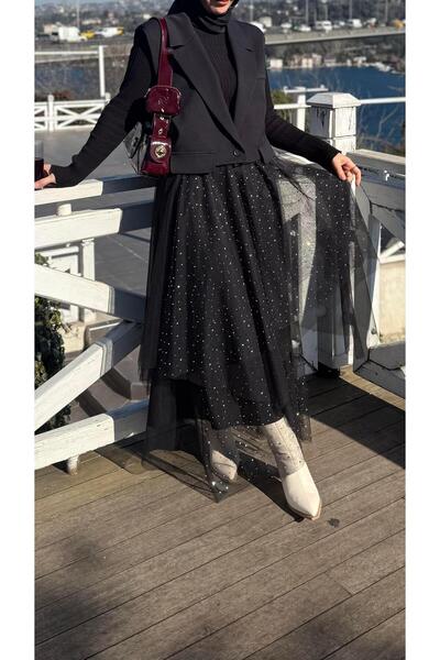 Unique Tül ve Taş Detaylı Etek Siyah