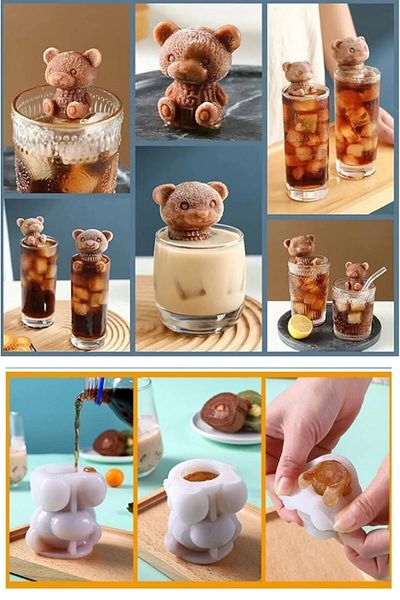 ARVALE Mini Cute Bear Shaped 3 Pieces Silicone 3D Ice Mold - Presentation Coffee Ice Box