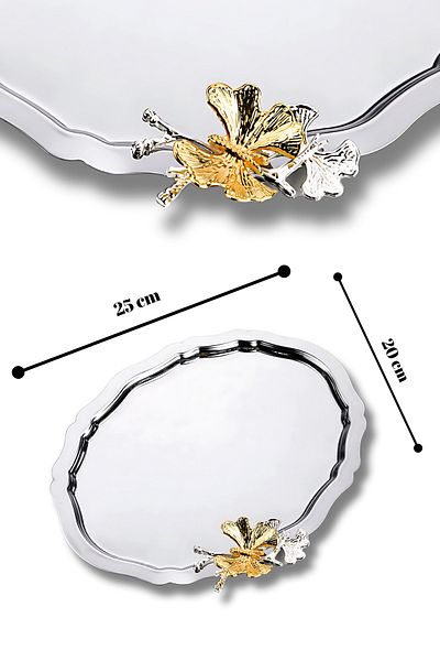 Yaren Style 6-Piece Luxury Oval Coffee Presentation Tray |   Stainless Coffee, Tea, Decorative Tray with Butterfly Accessories 25X20Cm