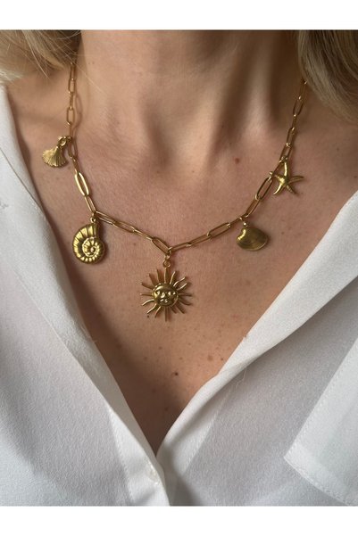 Rossetto Atelier Stainless Steel Summer Necklace with Charms (Sun, Mussel, Star, Oyster)
