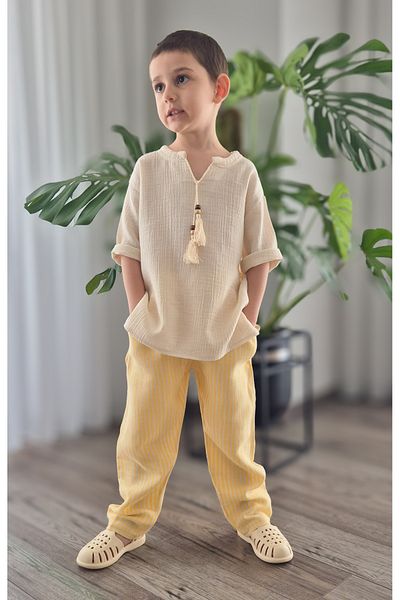 My Baby's World Yellow Line Members Un Natural Şile Cloth Tasseled Capri Sleeve Shirt Cotton Summer Suit