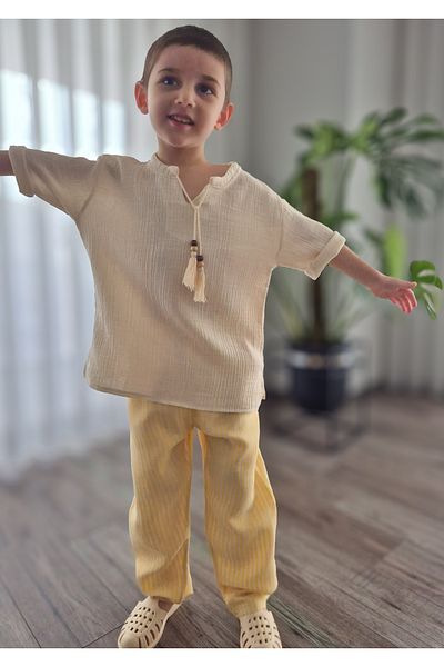 My Baby's World Yellow Line Members Un Natural Şile Cloth Tasseled Capri Sleeve Shirt Cotton Summer Suit