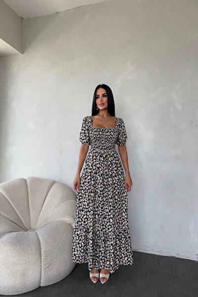 KAMACI BUTİK Kare Yaka Çiçek Desenli Elbise (Standart Beden S/M/L/XL Uyumlu)