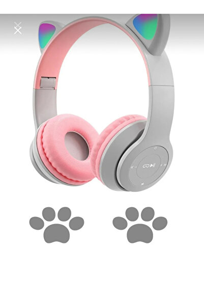ELROND Gri Renk Kedi Kulağı Kablosuz Rengarenk Işıklı Buetooth Rgb Çocuk Oyun...