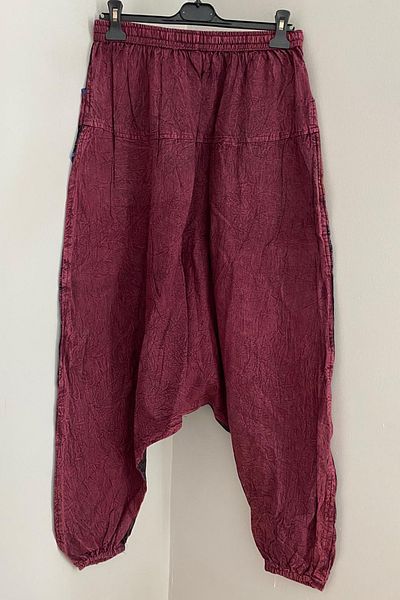 AYASOFYA OTANTIK Unisex Nepalese Burgundy Ethnic Patterned Cap, Elastic Waist and Legs, Loose Hippie Bohemian Baggy Trouser with Pockets