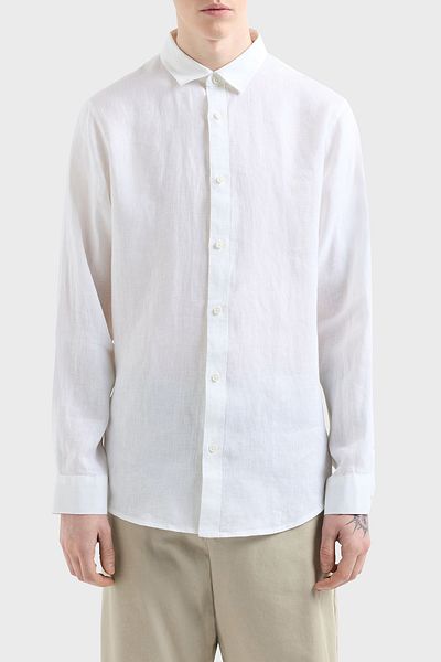 Armani Exchange 100% Linen Regular Fit Straight Collar Shirt Men's Shirt Xm 001221   Af14619 U0001
