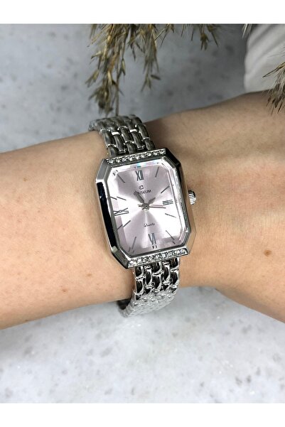 Mazzy مستطيل صغير حجر الراين داخل ساعة اليد النسائية الفضية الوردية