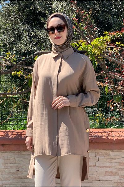 Moda Rosa 25Y7045 - Mink - Shirt Tunic with Gold Buttons on the Sides
