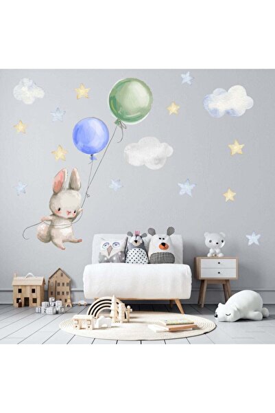 cosy home gift مجموعة ملصقات حائط على شكل أرنب مع غيوم ونجوم بالونات