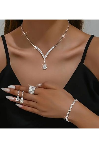 Mihra Aksesuar V Model Necklace, Earrings and Bracelet Set of Three with Drop Stones
