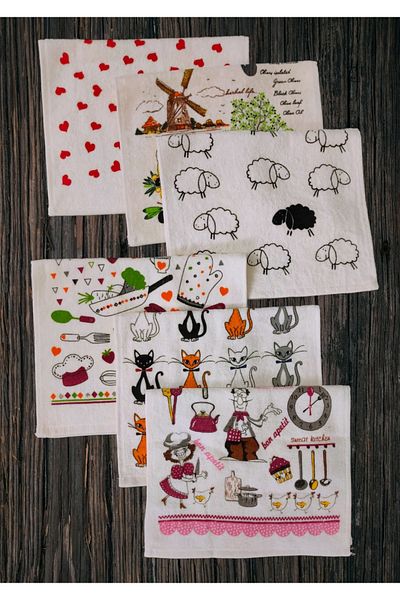 yörük tuhafiye Set of 6 Kitchen Towels 30X50 Cm., Printed Towels with Pictures, Patterned Cream Kitchen Towels Drying Cloth