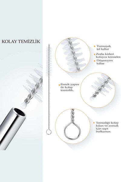 marashlıoğlu Orret Home 2 Pack Stainless Steel Straws, Cleaning Brush, Metal Straws