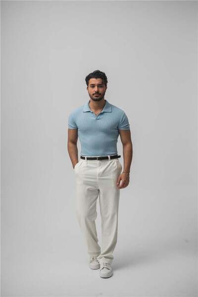 OUTFİT MAN Erkek Slim Fit Knit T-Shirt Bebe Mavisi