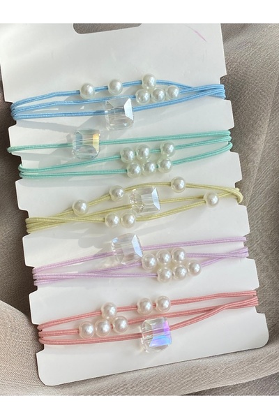 Twinssis Accessories Colorful Pearl Detailed Horsetail Hair Elastic Set of 5