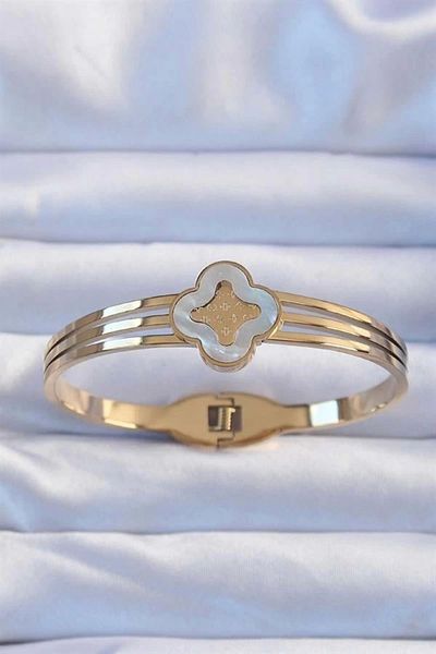 Clariss 316L Steel Gold Color Embroidered Pearlescent Clover Handcuffs - Tj-Bb6379