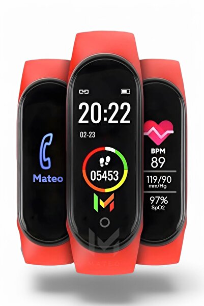 MATEO Kırmızı M4 Akıllı Bileklik Renkli Ekran(2025) ios Android Uyumlu Bluetooth Ekran Teması Değiştirme