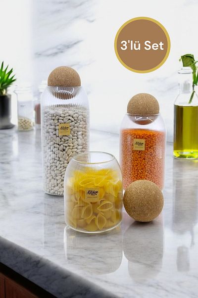 Kitchen Way Set of 3 Line Patterned Food Jars and Storage Jars with Mushroom Lids