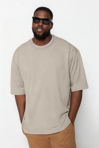 Trendyol Collection Plus Size Textured Knitwear Pique T-Shirt - Oversize, Stone Color, Band Tmnss25Bf00021