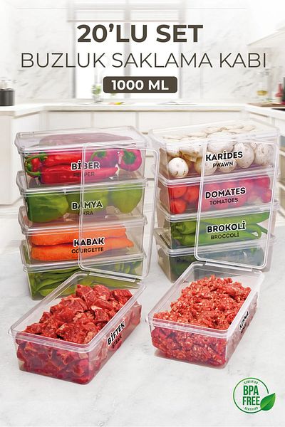 Kitchen Life 20 Pieces 1000ml Deep Freezer Freezer Storage Container with Lid - Refrigerator Organizer Freezer Food Container