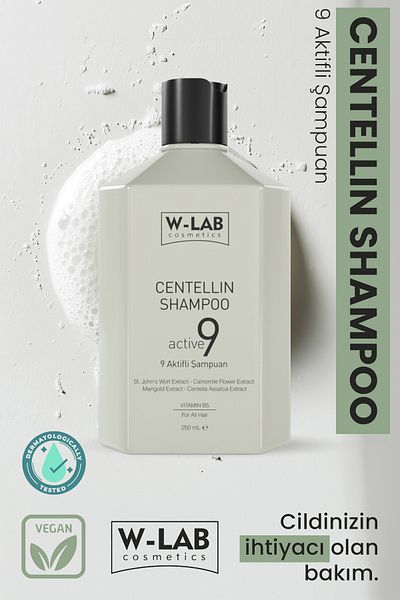 W-Lab Kozmetik Centellin 9 Active Shampoo 250 ml Effective Against Eczema, Flaking, Psoriasis, Dandruff, Itching