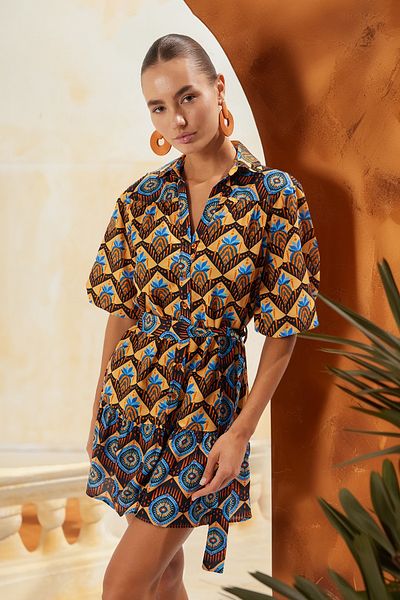 Trendyol Collection Ethnic Print Mini Woven Balloon Sleeve Beach Dress Tbess25El00035