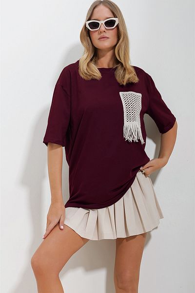 Trend Alaçatı Stili Women's Burgundy Crew Neck Knit Pocket Two Thread T-Shirt Alc-X11587