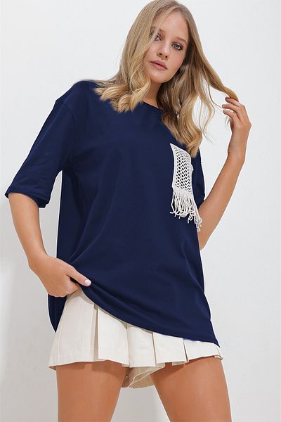 Trend Alaçatı Stili Women's Navy Blue Crew Neck Knitted Pocket Two Thread T-Shirt Alc-X11587