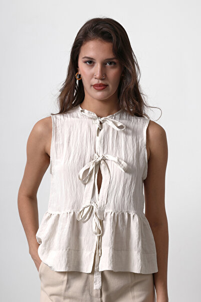 Trendyol Collection Μπεζ μπλούζα με κορδόνι με κορδόνι