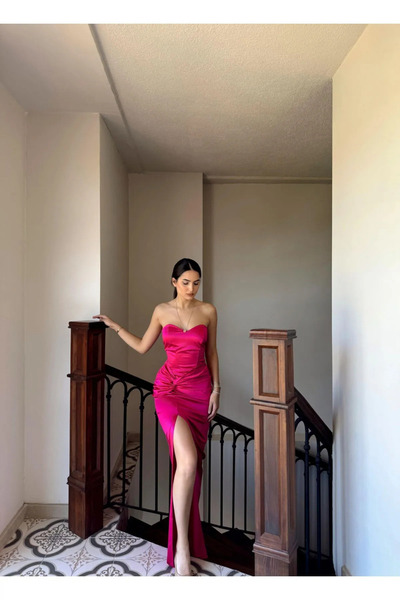 Mekafashion Pamira Ön Düğüm Detay Straplez Saten Abiye 582836