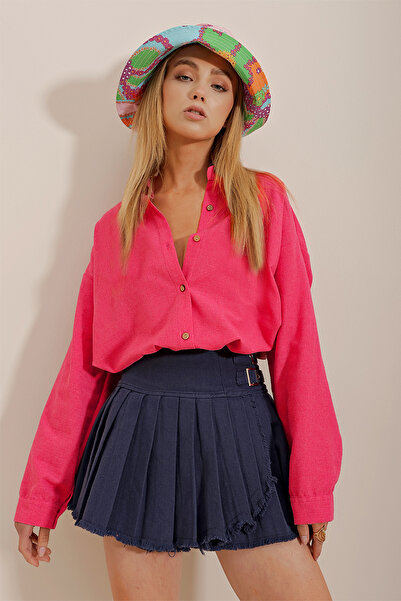 Trend Alaçatı Stili Női fukszia nagyméretű lenvászon ing ALC-X10343