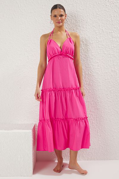 Trendyol Collection Ροζ ριγέ Maxi υφαντό βολάν φόρεμα παραλίας TBESS24EL00091
