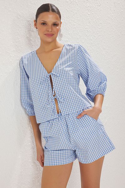 Trendyol Collection Balloon Sleeve Gingham Print Blouse and Shorts Set - Tbess25Au00060