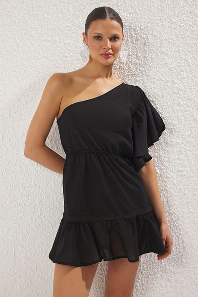 Trendyol Collection Černé mini tkané plážové šaty TBESS25EL00073