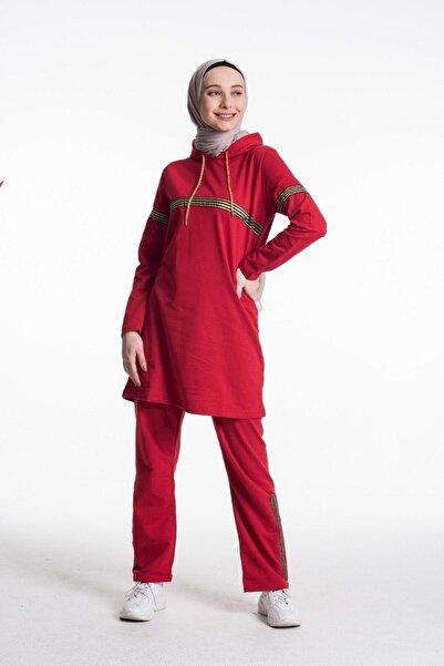CNG MODA Women's Light Red Hooded Glitter Stripe Tracksuit Set